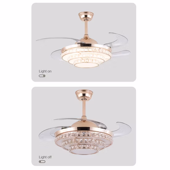Ventilador de teto de cristal de design luxuoso 42 polegadas dobrável de lâmina oculta lustre de alta qualidade
