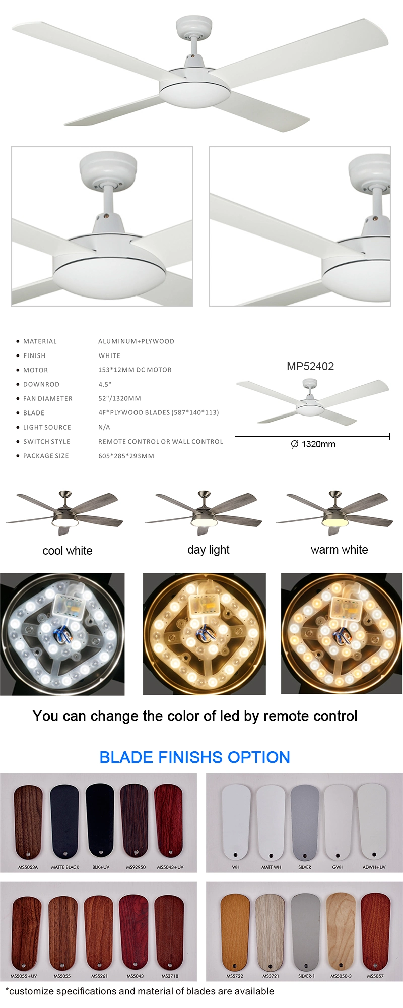 Modern Clear White 4 Blade Ceiling Fan with Light and Remote Exhaust Fan Home Used Fan