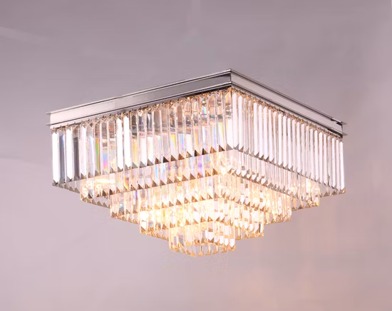 Luminária de teto quadrada com franja de vidro transparente estilo art déco