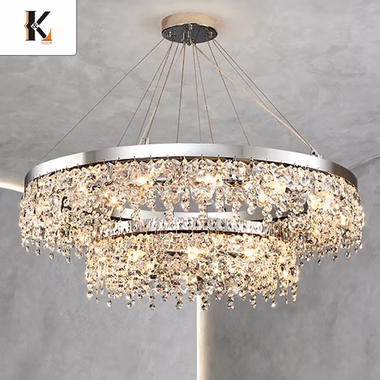 China Lustre Cristal Aparado Pronto para Enviar Luxo Redondo Grande Ouro Candelabro K9 Candelabro Decorativo Luzes Pendente Moderno Luxo Retro Lustre de Cristal