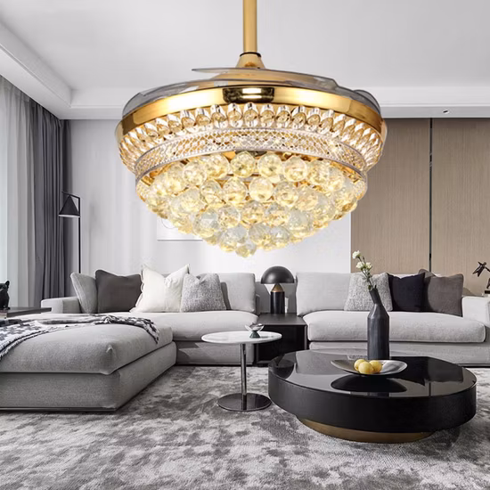 Ventilador de teto de cristal de 42 polegadas com controle remoto LED lustre regulável ventilador de lâminas reversas para sala de jantar quarto